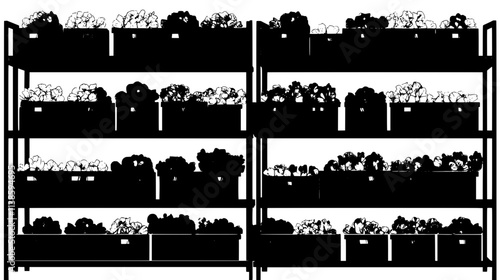Wholesale flower storage area with multiple rows of flowers packed in boxes, Vectorized Plant Art