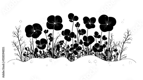 Winter pansies blooming in a frost-covered garden bed, Vectorized Plant Art