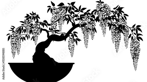Wisteria bonsai with vine-like branches in large pot, Vectorized Plant Art