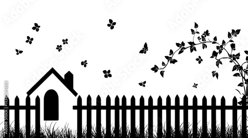 Winter jasmine climbing on a trellis against a house in the fog, Vectorized Plant Art