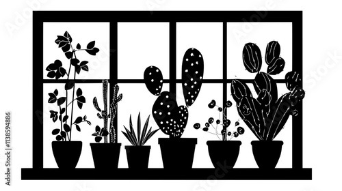 Windowsill lined with small pots of succulents and cacti, Vectorized Plant Art