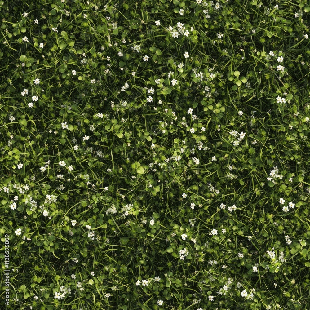 Seamless texture of a mossy grass patch, with scattered tiny white flowers Seamless texture of a mossy grass patch, with scattered tiny white flowers