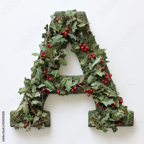 A charming Christmas/Holiday Wreath in the shape of the letter "A" on a clean, crisp, plain, white background