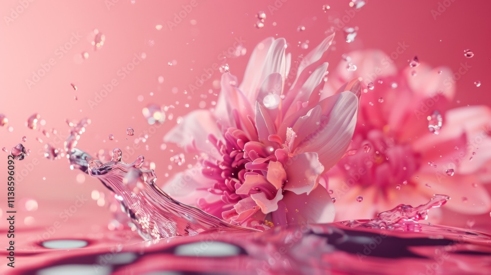 Pink flowers splashing in water with droplets frozen in motion Pink flowers splashing in water with droplets frozen in motion
