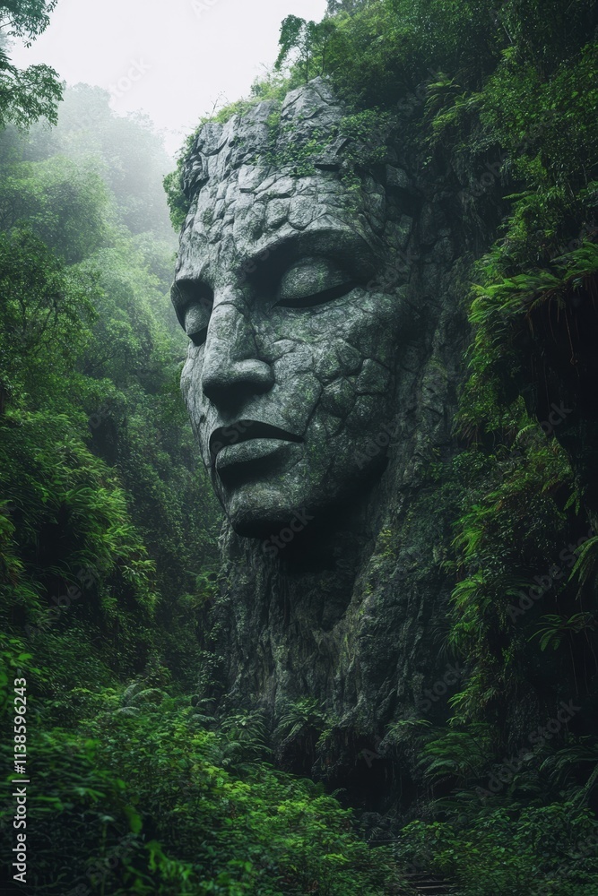 Mysterious stone face embedded in dense jungle foliage, exuding an aura of ancient mystery and tranquility in nature. Mysterious stone face embedded in dense jungle foliage, exuding an aura of ancient mystery and tranquility in nature.