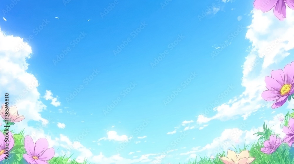 Obraz premium Bright Blue Sky with Fluffy Clouds Framed by Colorful Flowers in Meadow