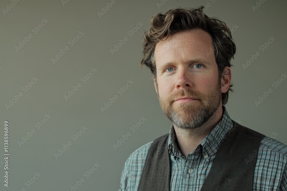 Confident Man with Beard in Casual Attire Against a Neutral Background Confident Man with Beard in Casual Attire Against a Neutral Background