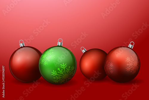Merry Christmas and New Year holiday festive greeting card design decorations with Christmas balls realistic 3d on a red background. Merry Christmas and Happy New Year 2025
