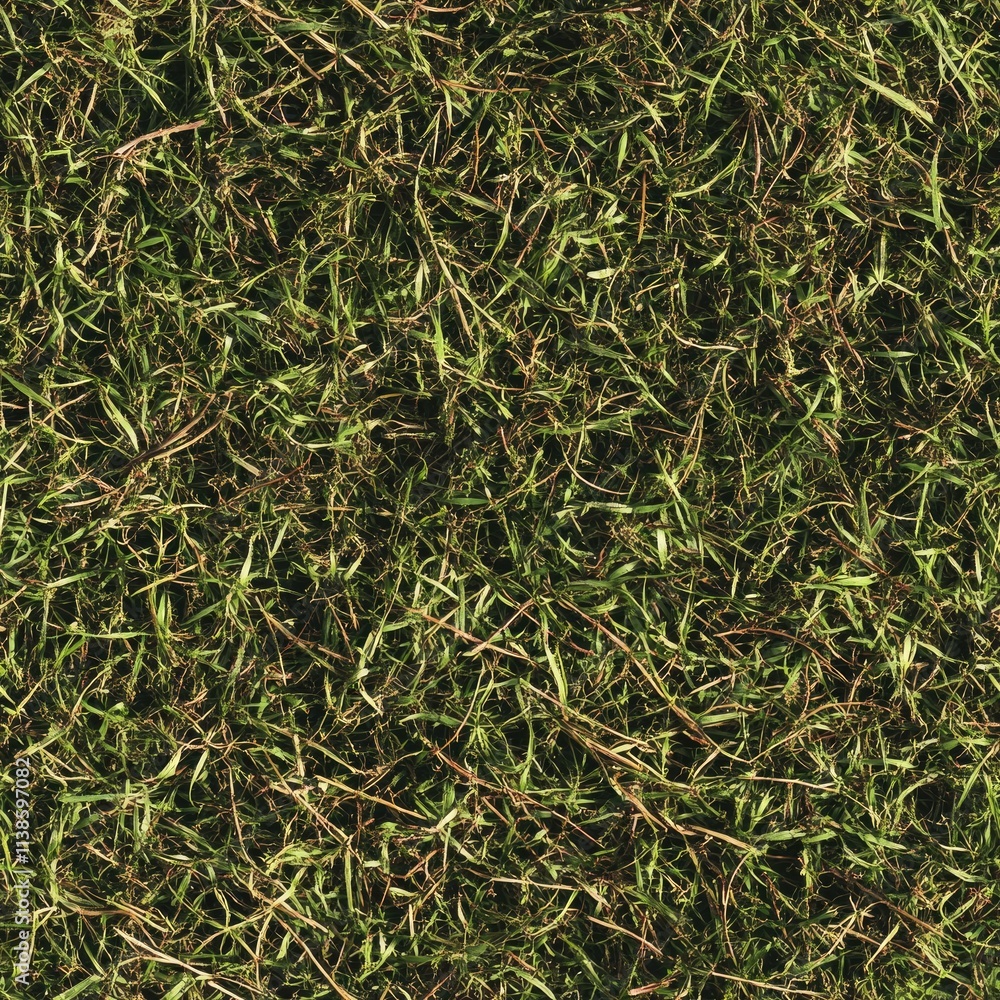 Top view photo of grass with small brown twigs scattered naturally, seamless texture Top view photo of grass with small brown twigs scattered naturally, seamless texture