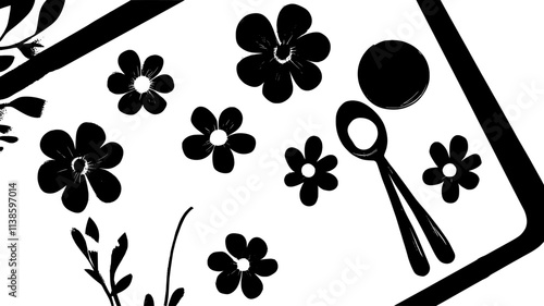 Edible flowers on a baking sheet near measuring spoons, Plant Illustration