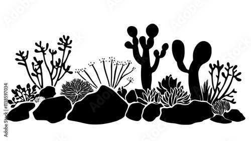 Euphorbia plants with unique shapes in a rock garden, Plant Illustration