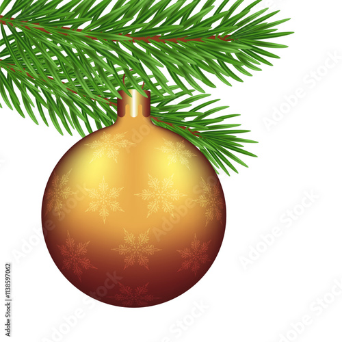 Merry Christmas poster card design. Christmas golden ball with patterns of snowflakes on a Christmas tree branch on a transparent background