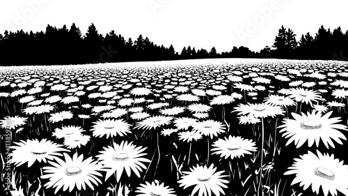 A field of Shasta daisies growing naturally in an open outdoor space, Plant Illustration
