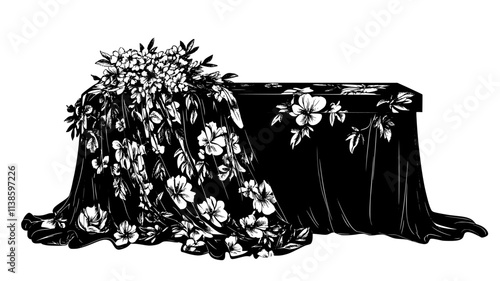 Floral blanket draping over a casket at an outdoor service, Plant Illustration