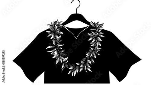 Floral lei draped over graduation gown on hanger, Plant Illustration