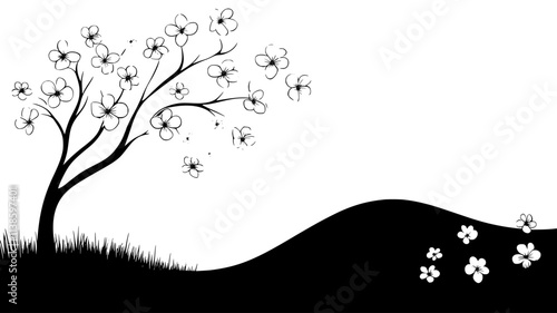 Flowering dogwood tree in a spring landscape, Plant Illustration
