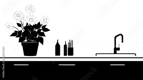 A flowering plant in a decorative planter on a kitchen counter, Plant Illustration