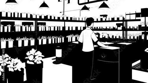 Flower-filled containers being organized in a wholesale floristry warehouse, Plant Illustration