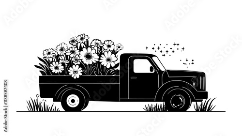 A flower-filled truck being loaded with bulk flower orders for florists, Plant Illustration