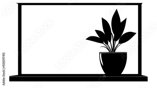 A flowering plant growing in a ceramic pot, placed by a large window, Plant Illustration