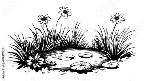 Flowers growing in clusters near a small pond, beneficial for pollinators, Plant Illustration