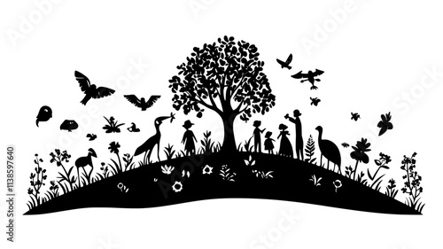 Garden of Eden with the tree of knowledge in a lush paradise, Plant Illustration