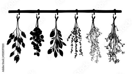 Dried flowers hanging upside down from wooden hooks on a wall, Plant Illustration