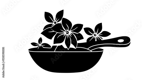 Handful of edible flowers in a ceramic bowl near a cutting board, Plant Illustration