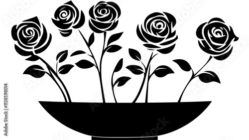 A grouping of roses, stems trimmed short, arranged in a shallow bowl, Plant Illustration