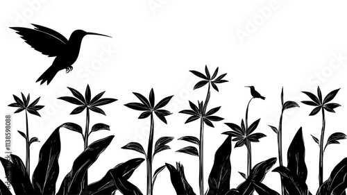 Heliconia flower attracting a hummingbird in a clearing, Plant Illustration