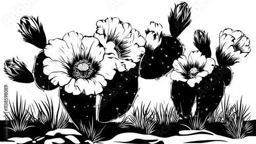 Hedgehog cactus blooming after a rare desert rainstorm, Plant Illustration