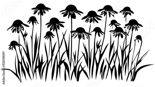 Helenium plants with dome-shaped flower heads in a border garden, Plant Illustration