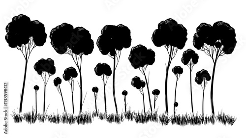 Kapok trees with pods releasing fluffy fiber for production, Plant Illustration