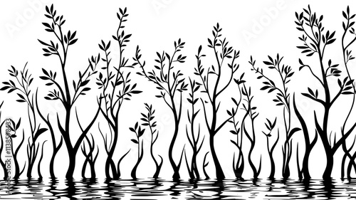 Jute plants growing in a flooded field for fiber production, Plant Illustration