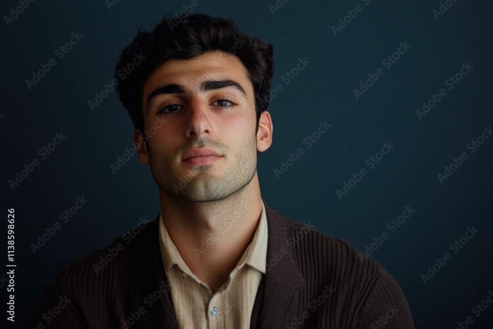 Confident Young Man in Casual Attire Against a Dark Background Confident Young Man in Casual Attire Against a Dark Background
