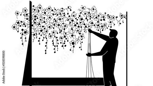 Linden tree blossoms being gathered on a tarp, Plant Illustration