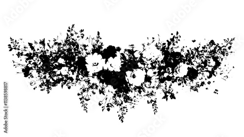 Long floral installation with blossoms arranged on horizontal surfaces at an event, Plant Illustration