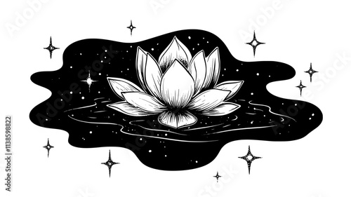 Lotus of immortality blooming in a celestial pool, Plant Illustration