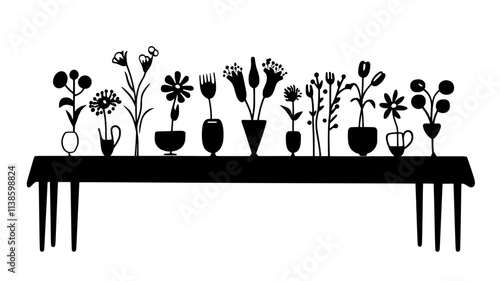 Long table runner of mixed flowers for a banquet, Plant Illustration
