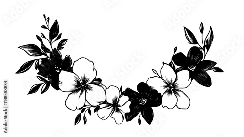 A loosely arranged flower crown featuring mixed floral stems tied together in a ring, Plant Illustration