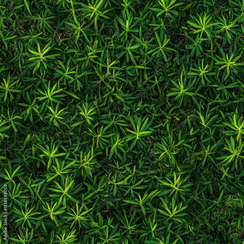 Top view photo of vibrant green grass with a small patch of moss, seamless texture