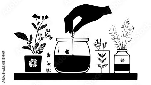 Medicinal flowers prepared in a glass jar for herbal remedy, Plant Illustration