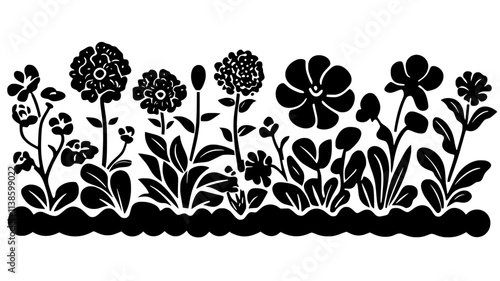 Marigolds edging vegetable garden beds near a greenhouse, Plant Illustration