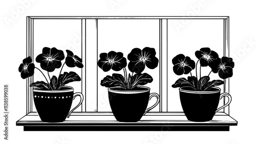 Miniature African violets in teacup planters on a windowsill, Plant Illustration