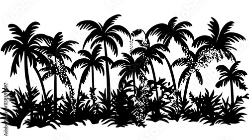 Misting system spraying water on tropical plants in greenhouse, Plant Illustration