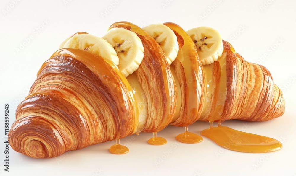 A banana covered croissant with a drizzle of caramel A banana covered croissant with a drizzle of caramel