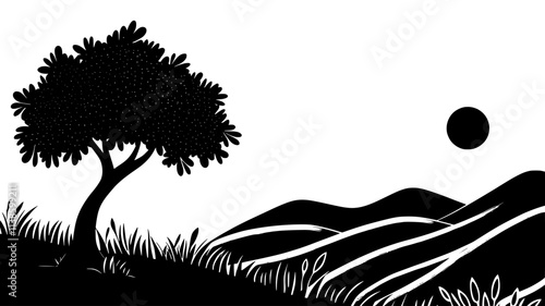 Olive tree with gnarled trunk in terraced hillside grove, Plant Illustration