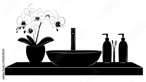 Orchid blooms on bathroom countertop near sink, Plant Illustration