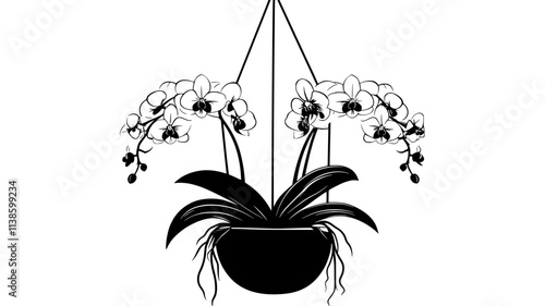 Orchid plant with thick leaves and aerial roots in a hanging basket, Plant Illustration