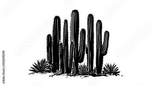 Organ pipe cactus with multiple tall, ribbed columns growing together, Plant Illustration